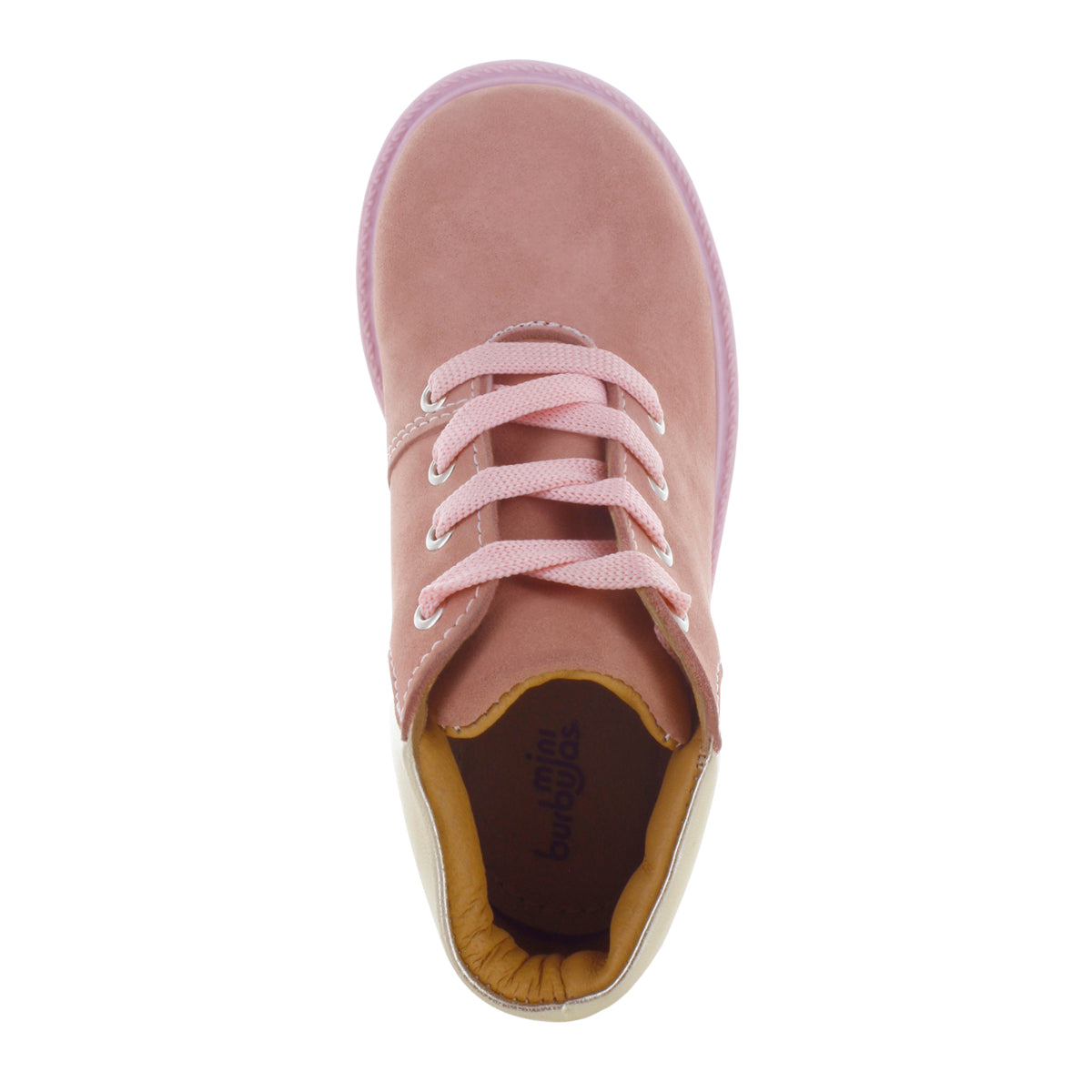 Media bota de piel para niña con detalle metálico en el tobillo mini burbujas vista frontal.