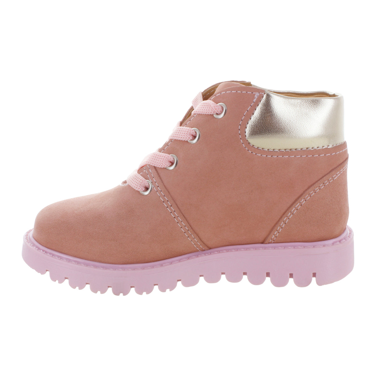 Media bota de piel para niña con detalle metálico en el tobillo mini burbujas vista lateral.
