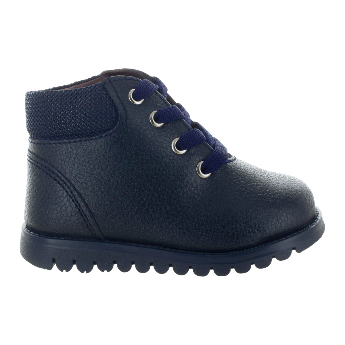 Media bota de piel para niña con detalle metálico en el tobillo mini burbujas vista lateral.