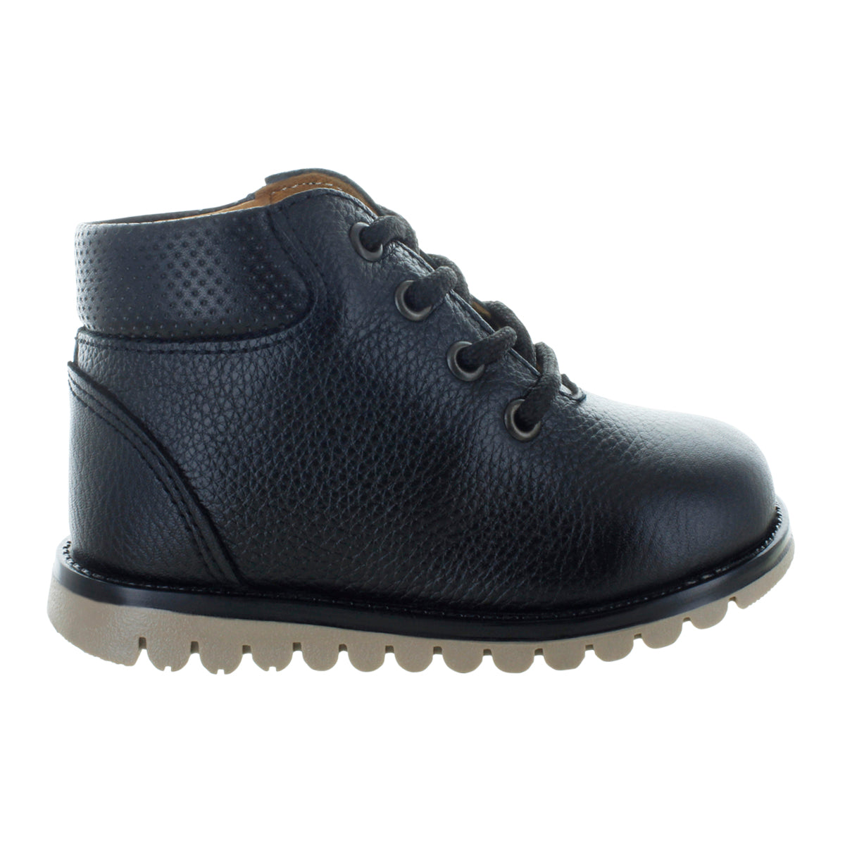 Media bota de piel para niña con detalle metálico en el tobillo mini burbujas vista lateral.