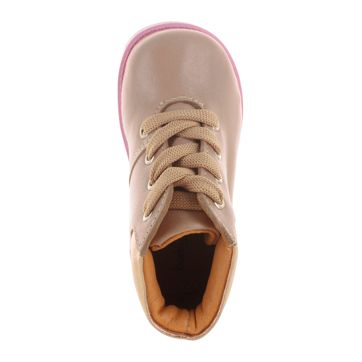 Media bota de piel para niña con detalle metálico en el tobillo mini burbujas vista frontal.