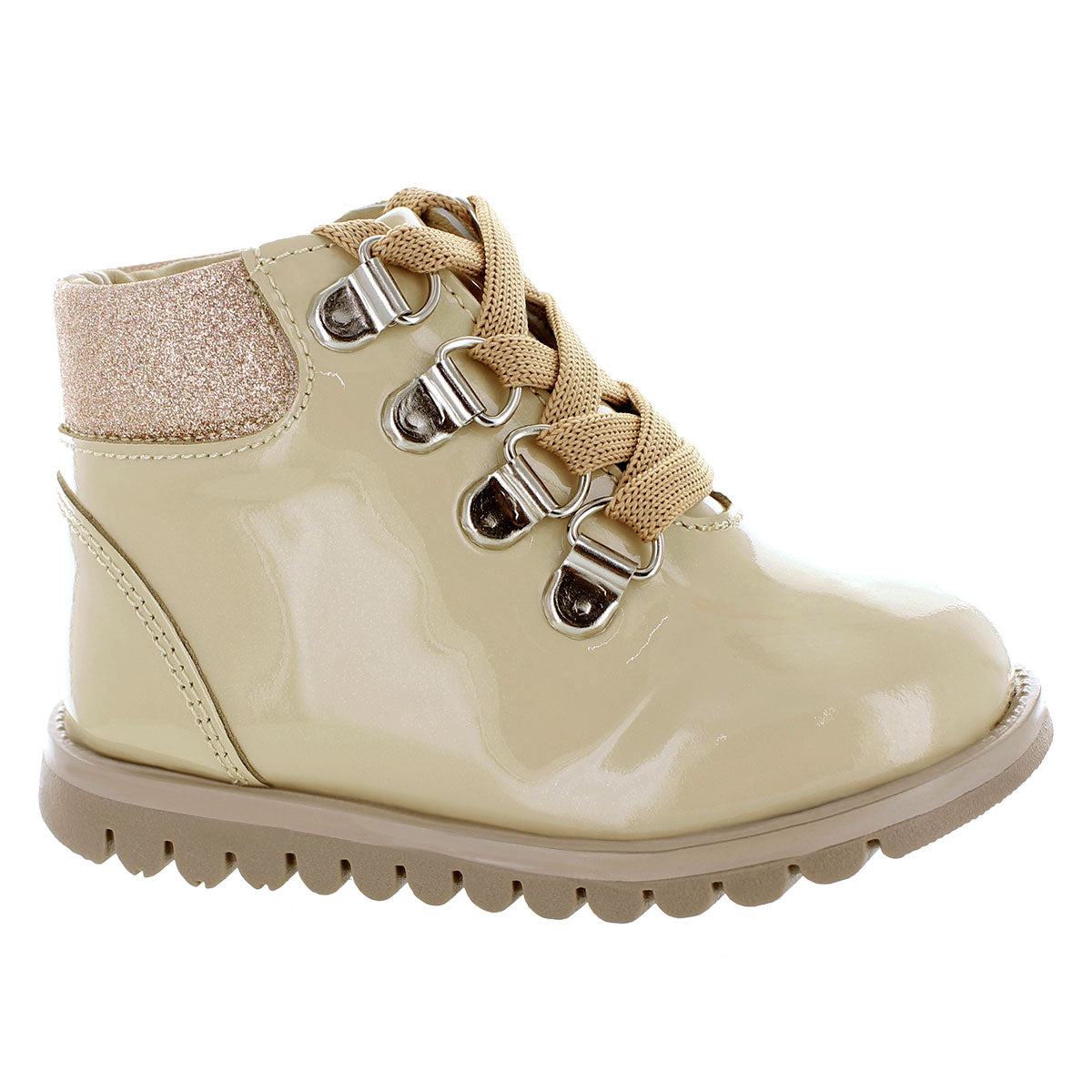 Media bota de piel para niña con detalle metálico en el tobillo mini burbujas vista lateral.