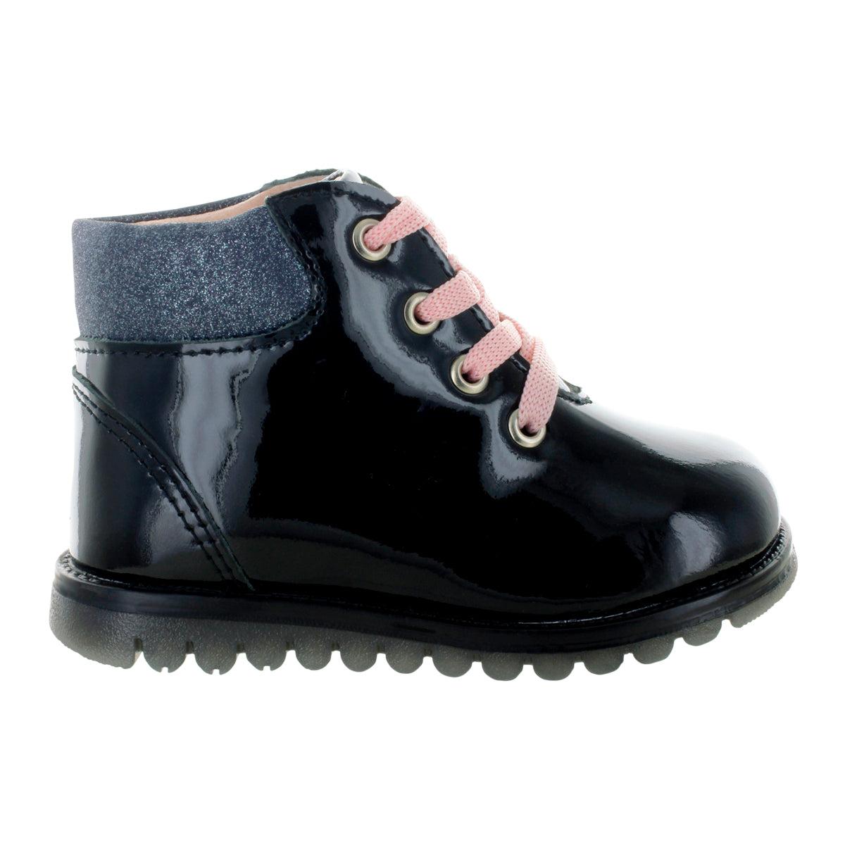 Media bota de piel para niña con detalle metálico en el tobillo mini burbujas vista lateral.