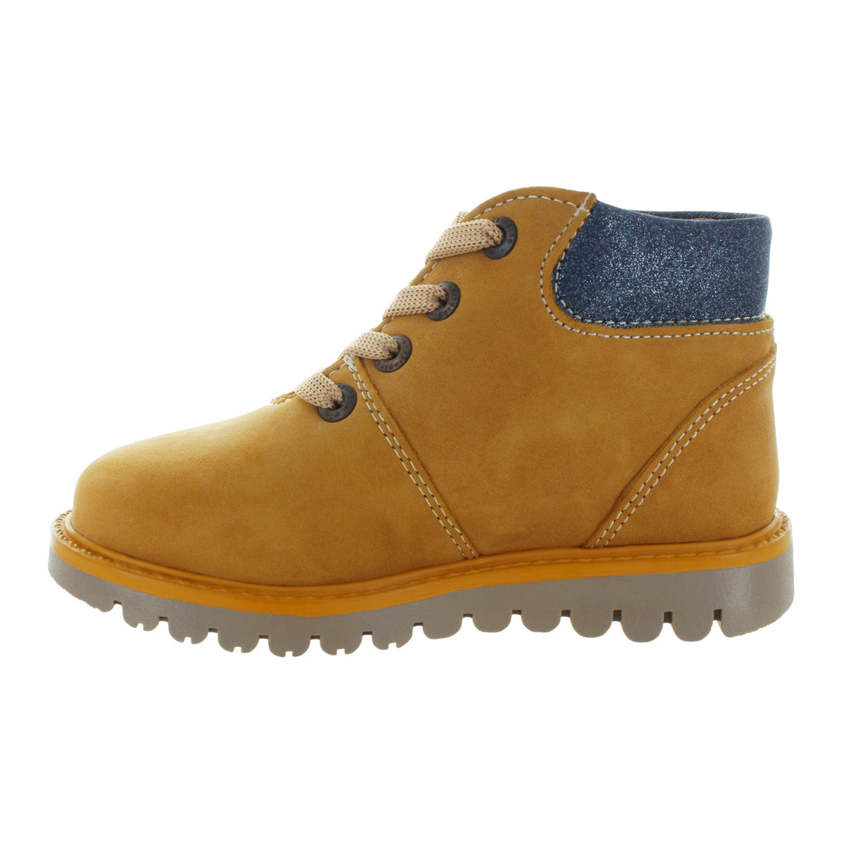 Media bota de piel para niña con detalle metálico en el tobillo mini burbujas vista lateral.