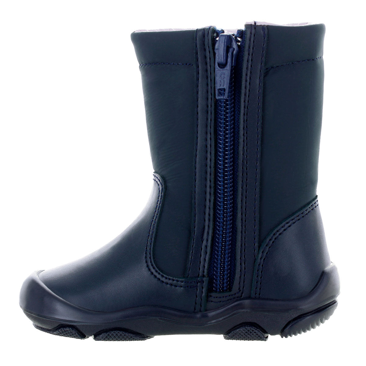 Bota azul para niña con estrella bordada mini burbujas vista lateral.