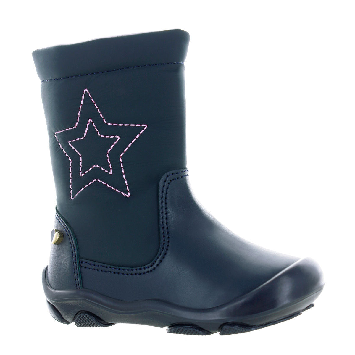 Bota azul para niña con estrella bordada mini burbujas vista lateral.