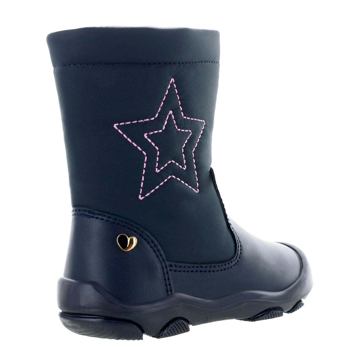 Bota azul para niña con estrella bordada mini burbujas vista trasera.