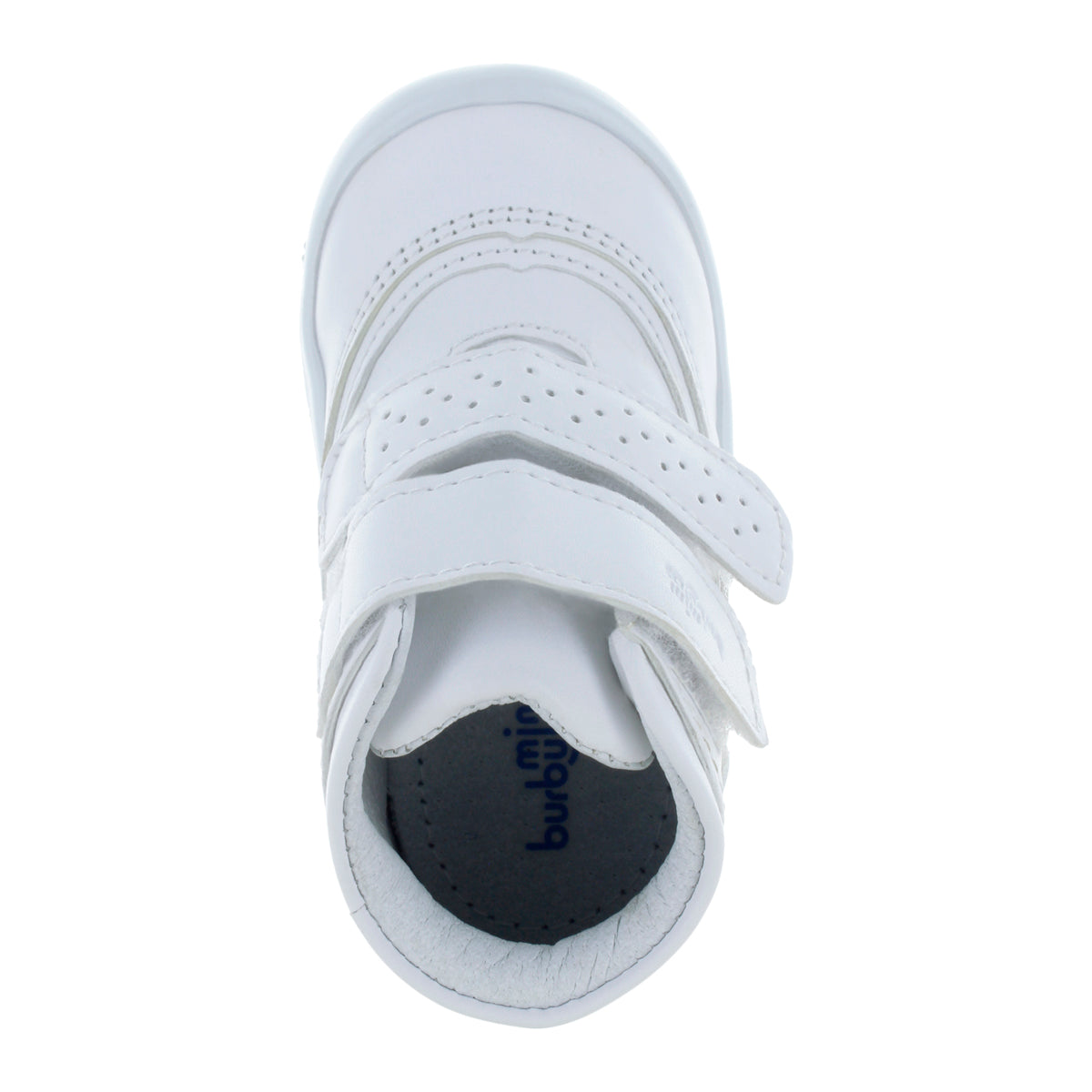Media bota blanca para niño con doble velcro mini burbujas vista frontal.