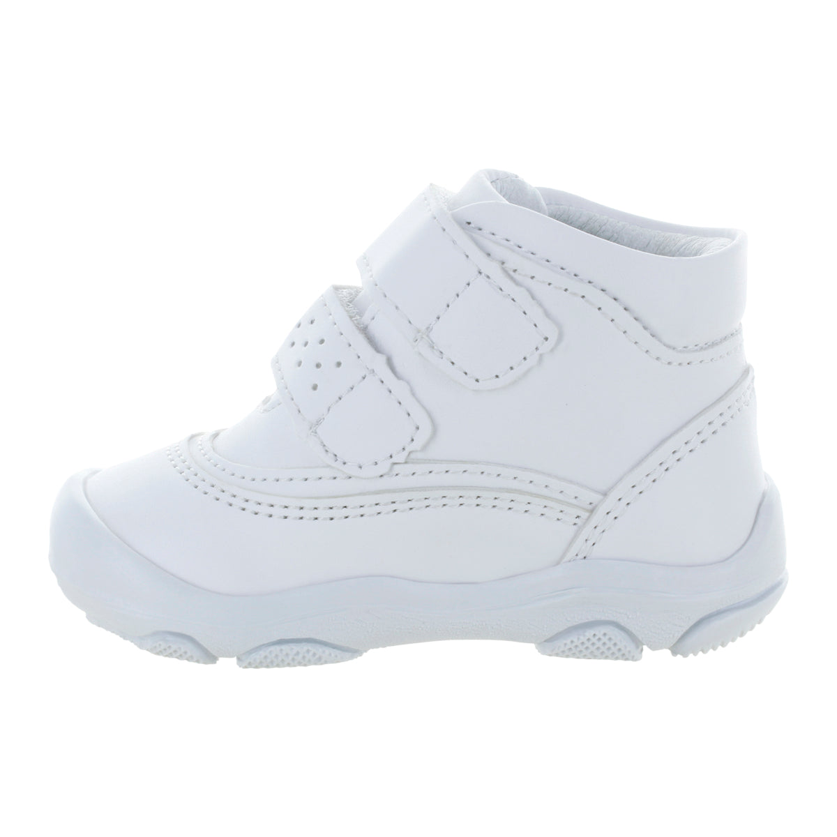Media bota blanca para niño con doble velcro mini burbujas vista lateral.