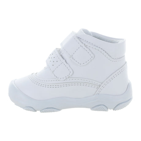Media bota blanca para niño con doble velcro mini burbujas vista lateral.