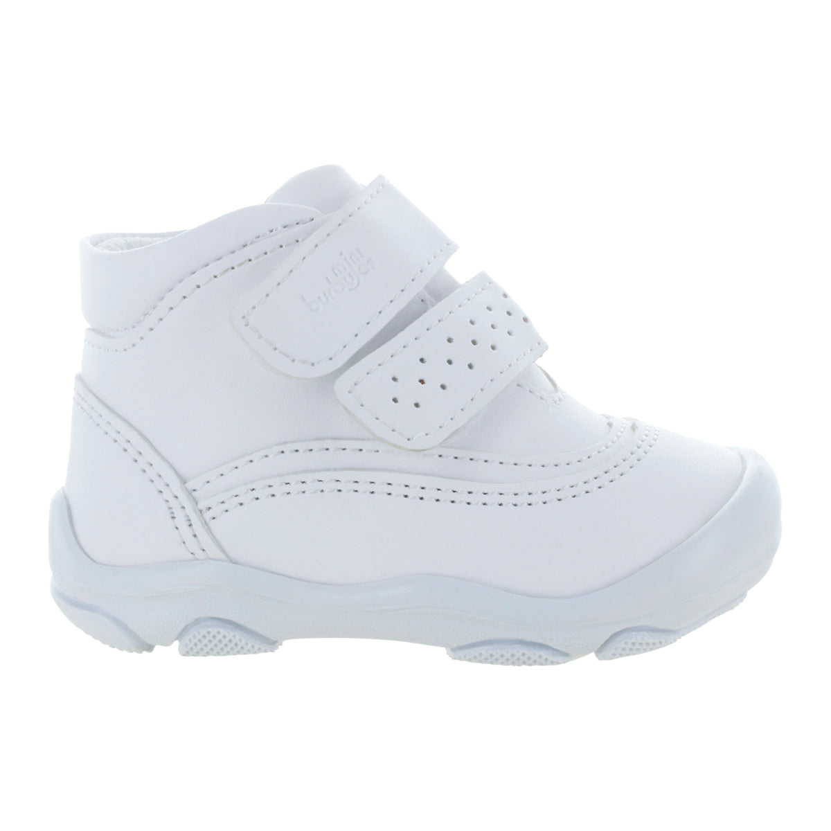 Media bota blanca para niño con doble velcro mini burbujas vista lateral.
