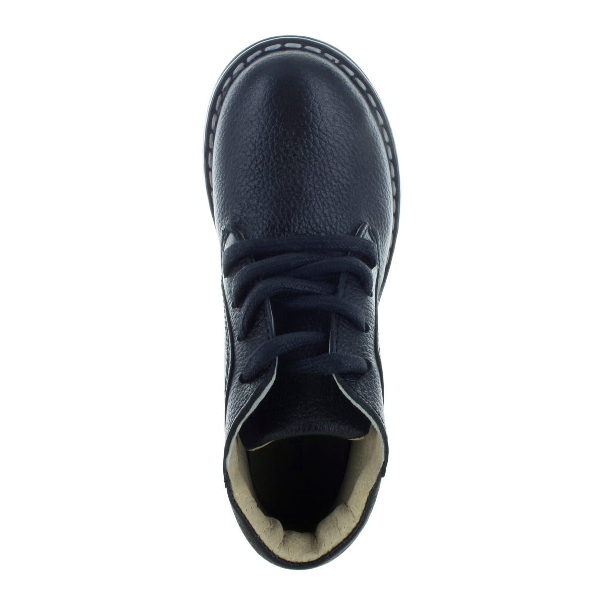 Media bota de piel para niño con agujetas mini burbujas vista frontal.