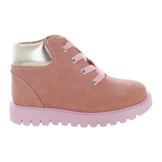 Media bota de piel para niña con detalle metálico en el tobillo mini burbujas vista lateral.