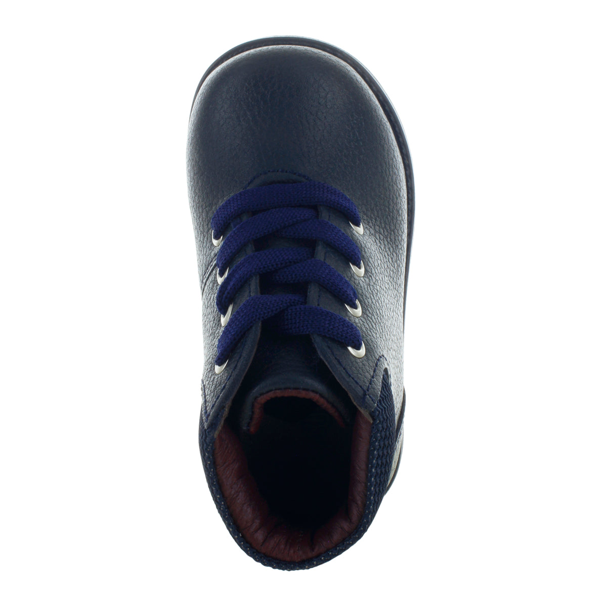 Media bota de piel para niña con detalle metálico en el tobillo mini burbujas vista frontal.