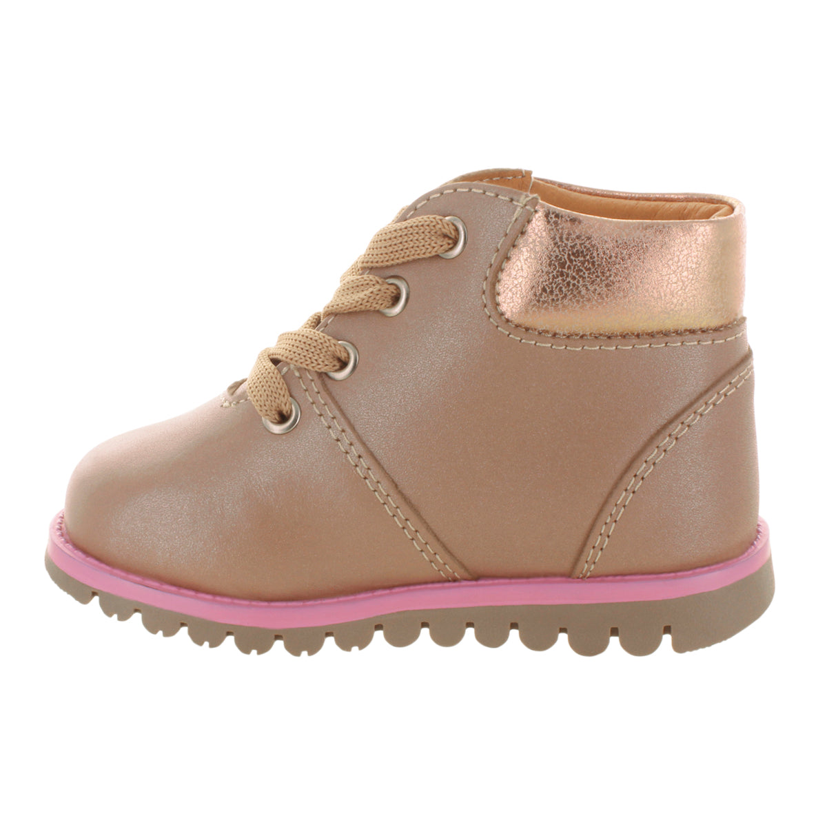 Media bota de piel para niña con detalle metálico en el tobillo mini burbujas vista lateral.