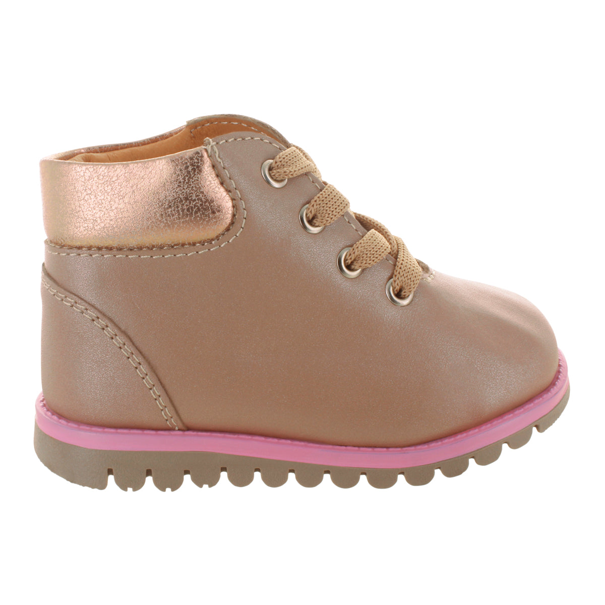 Media bota de piel para niña con detalle metálico en el tobillo mini burbujas vista lateral.