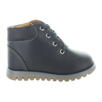 Media bota de piel para niña con detalle metálico en el tobillo mini burbujas vista lateral.