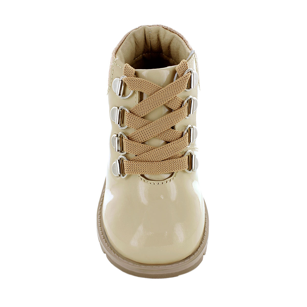 Media bota de piel para niña con detalle metálico en el tobillo mini burbujas vista frontal.