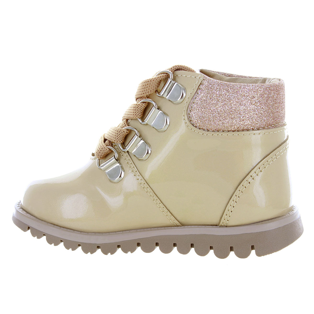 Media bota de piel para niña con detalle metálico en el tobillo mini burbujas vista lateral.