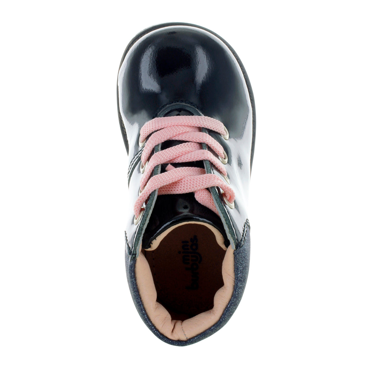 Media bota de piel para niña con detalle metálico en el tobillo mini burbujas vista frontal.