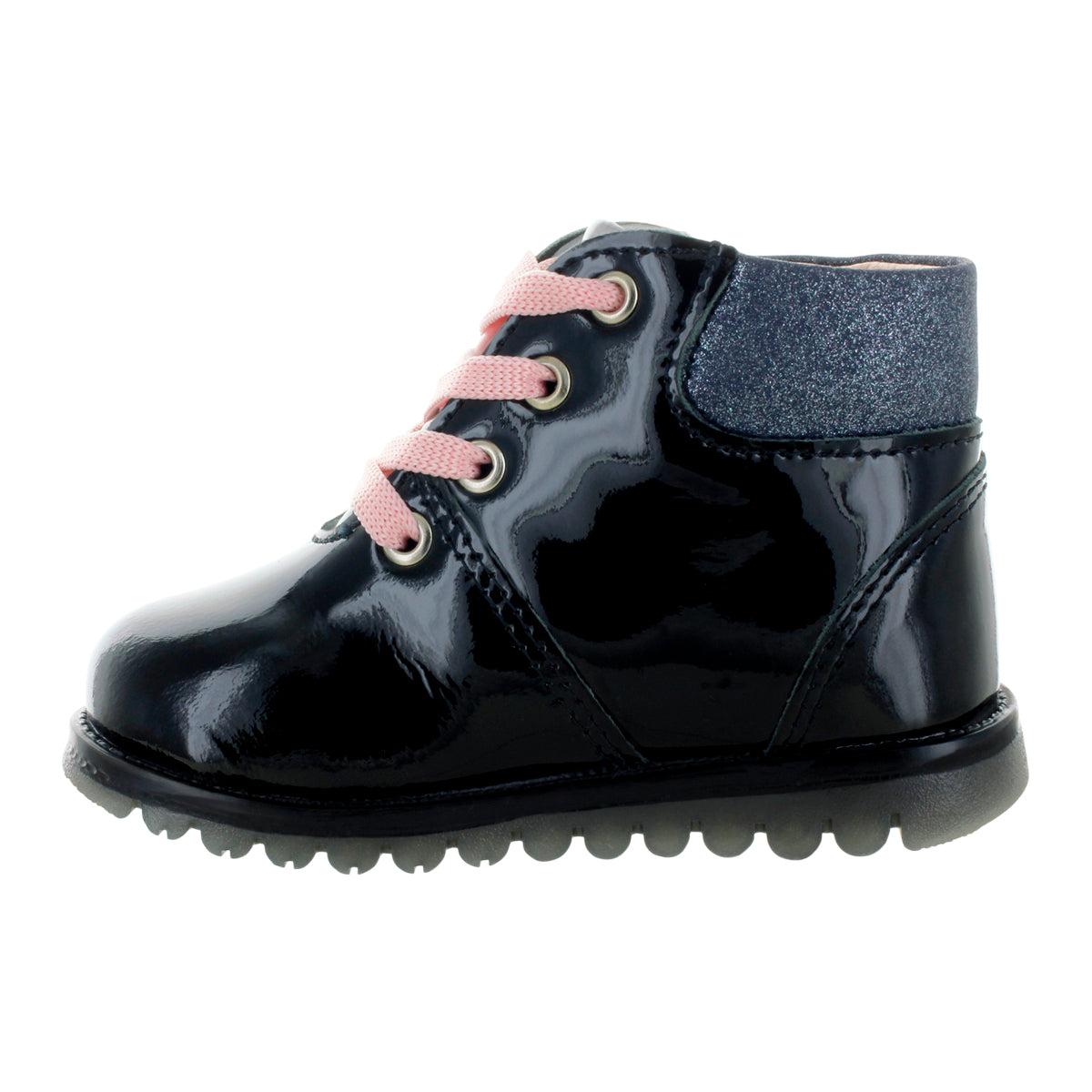 Media bota de piel para niña con detalle metálico en el tobillo mini burbujas vista lateral.