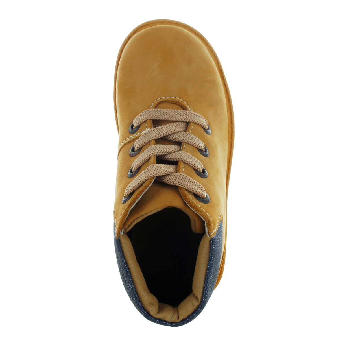 Media bota de piel para niña con detalle metálico en el tobillo mini burbujas vista frontal.