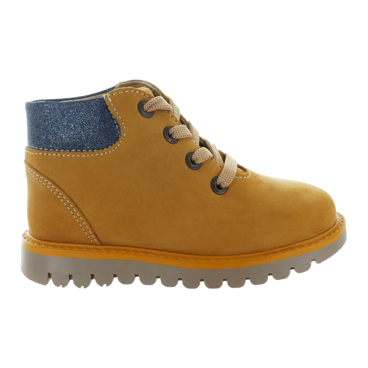 Media bota de piel para niña con detalle metálico en el tobillo mini burbujas vista lateral.