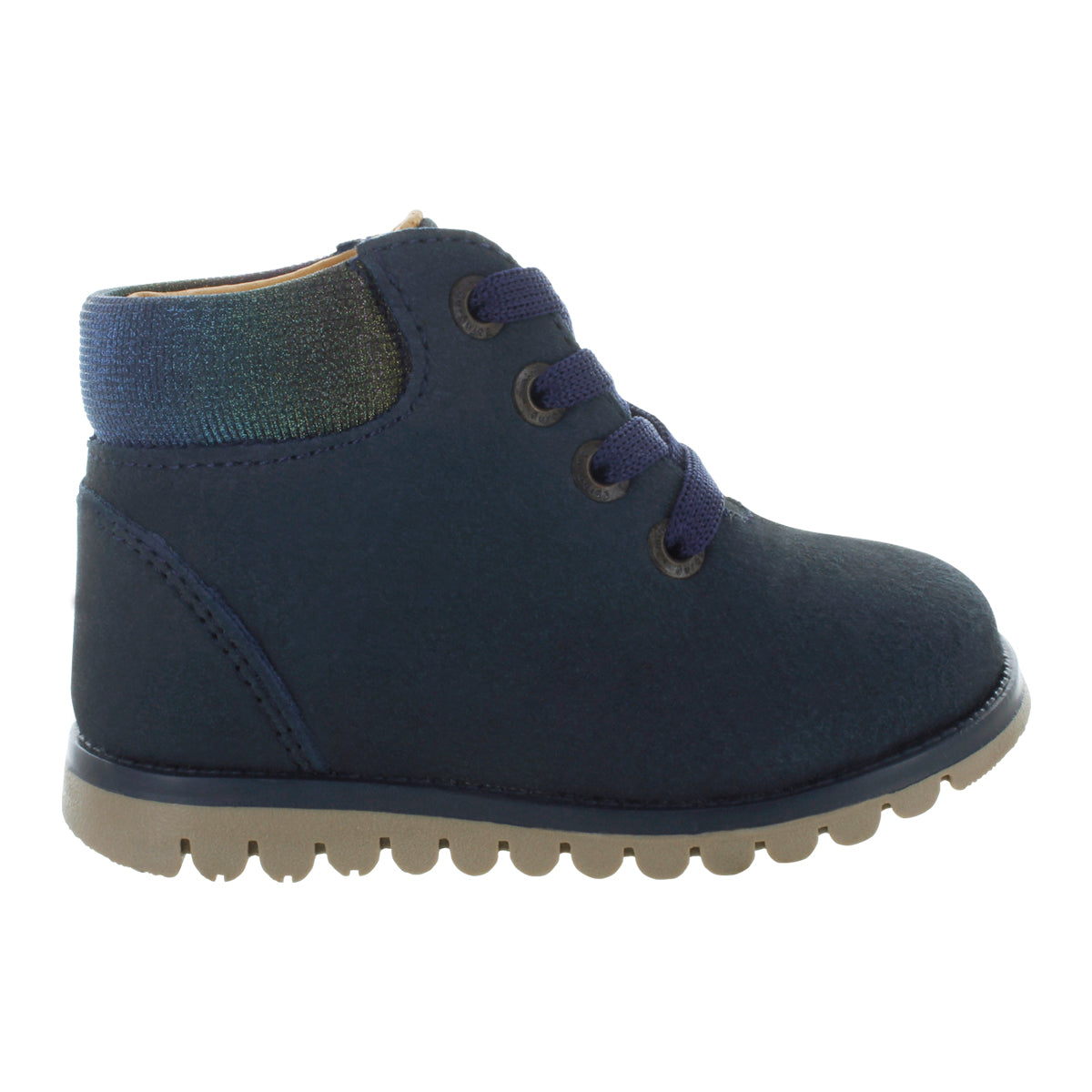 Media bota de piel para niña con detalle metálico en el tobillo mini burbujas vista lateral.