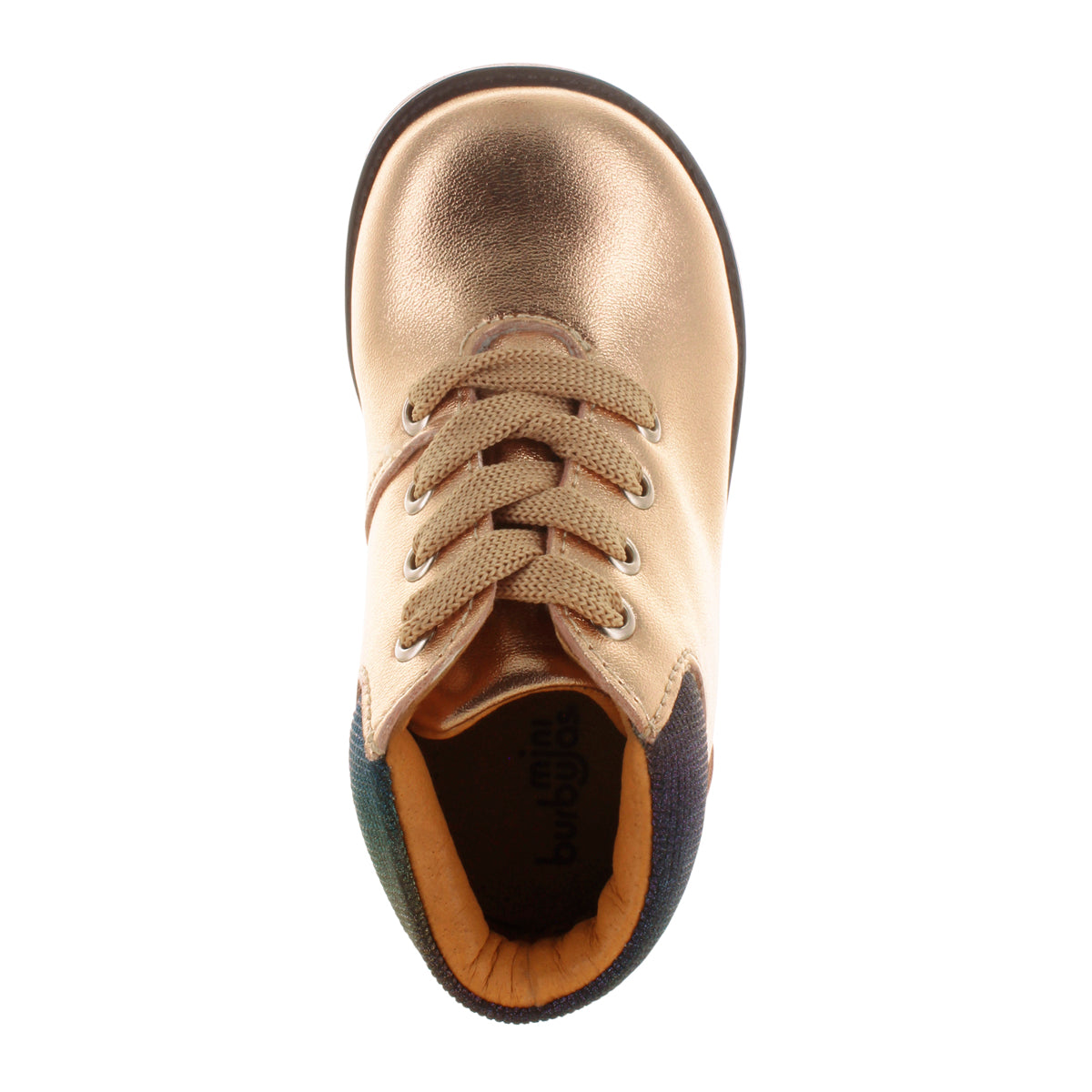 Media bota de piel para niña con detalle metálico en el tobillo mini burbujas vista frontal.