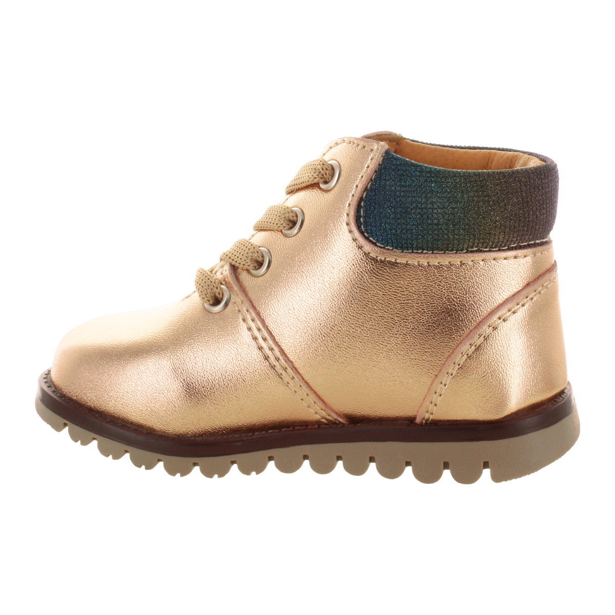 Media bota de piel para niña con detalle metálico en el tobillo mini burbujas vista lateral.