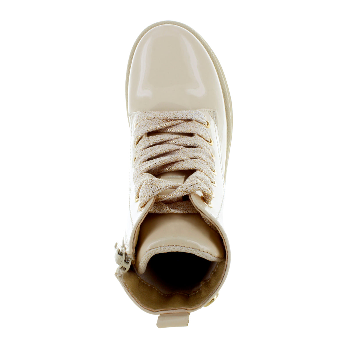 Media bota de piel para niña con detalle metálico en el tobillo mini burbujas vista frontal.