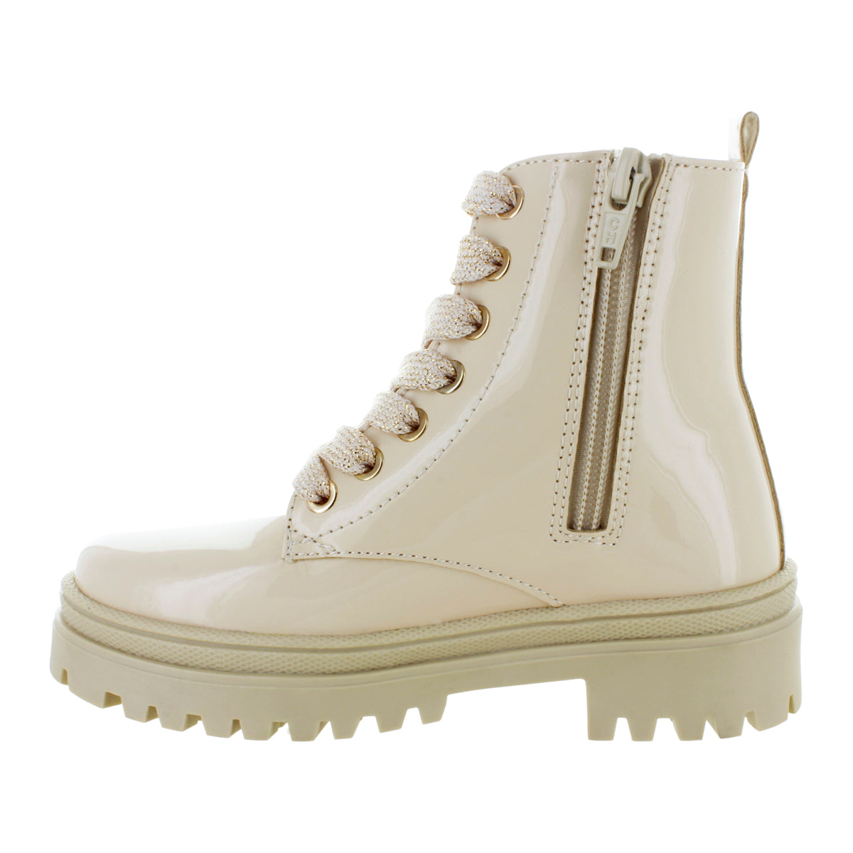 Media bota de piel para niña con detalle metálico en el tobillo mini burbujas vista lateral.