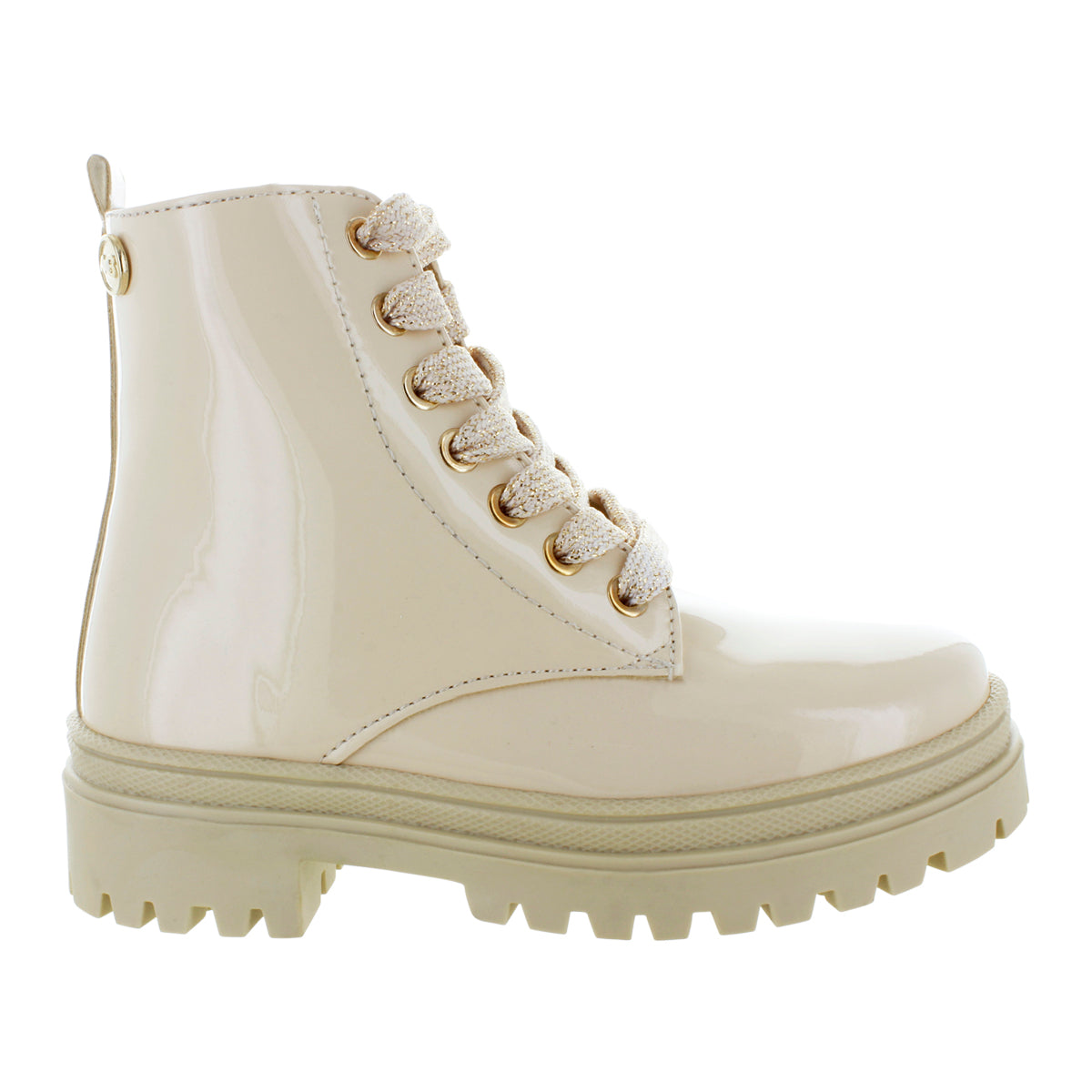 Media bota de piel para niña con detalle metálico en el tobillo mini burbujas vista lateral.