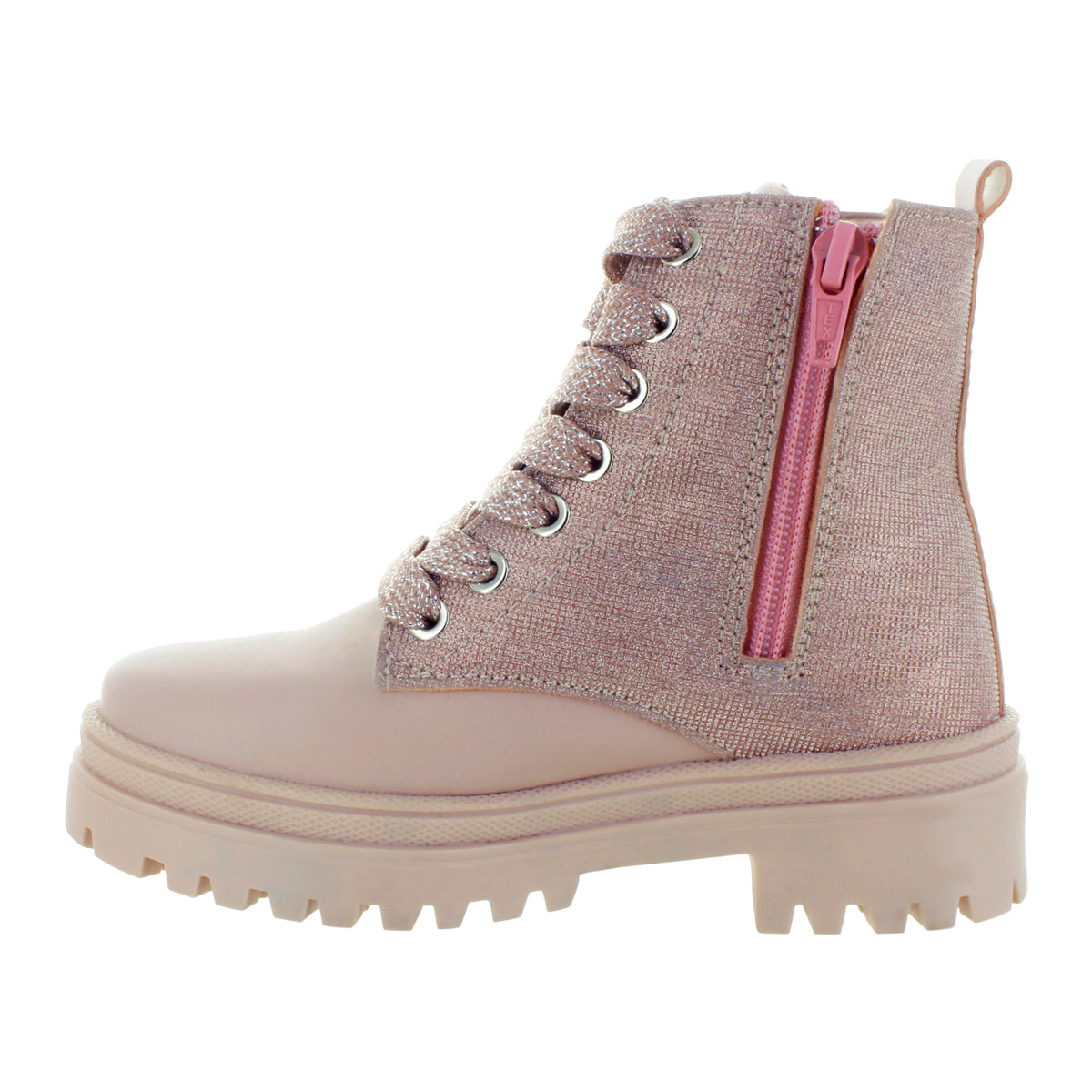 Media bota de piel para niña con detalle metálico en el tobillo mini burbujas vista lateral.