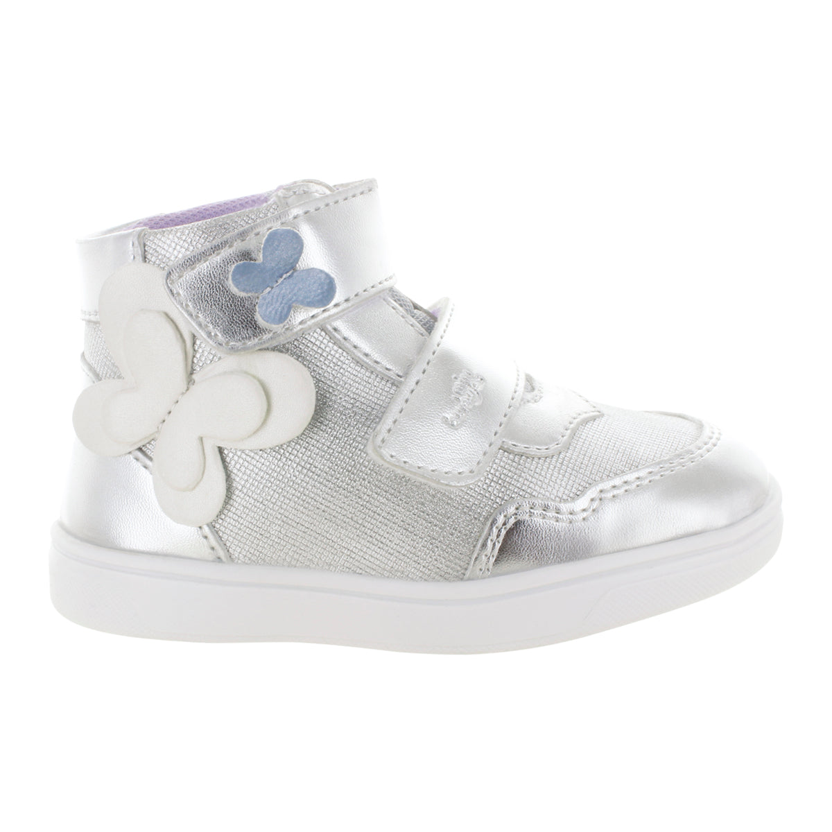 Media bota para niña con mariposas y doble velcro mini burbujas vista lateral.