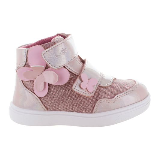 Media bota para niña con mariposas y doble velcro mini burbujas vista lateral.