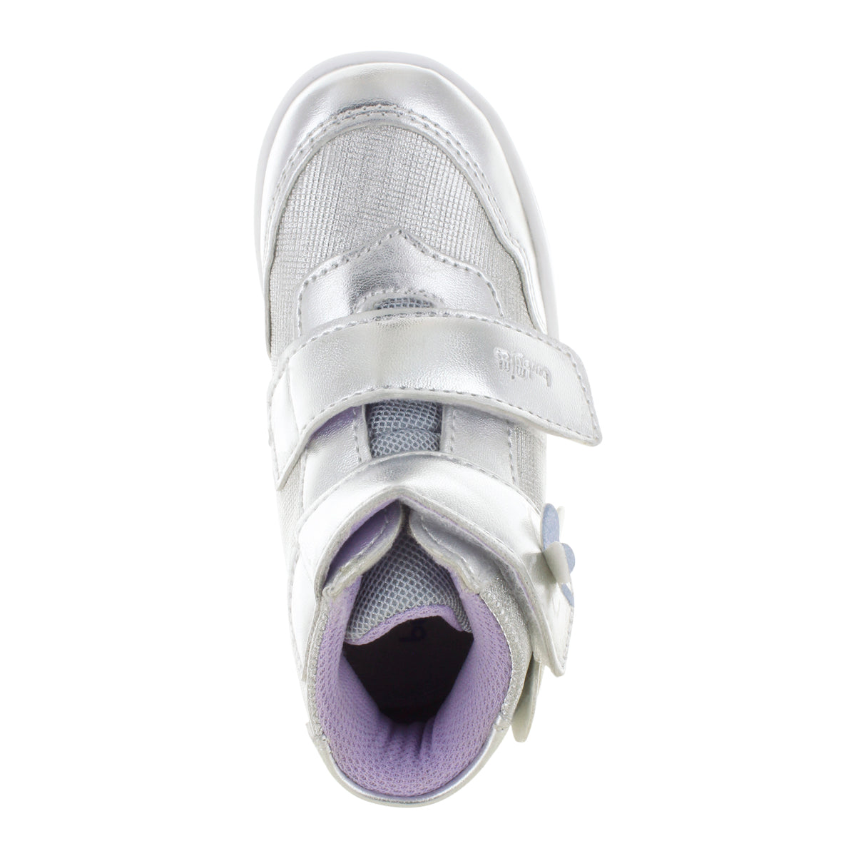 Media bota para niña con mariposas y doble velcro mini burbujas vista frontal.