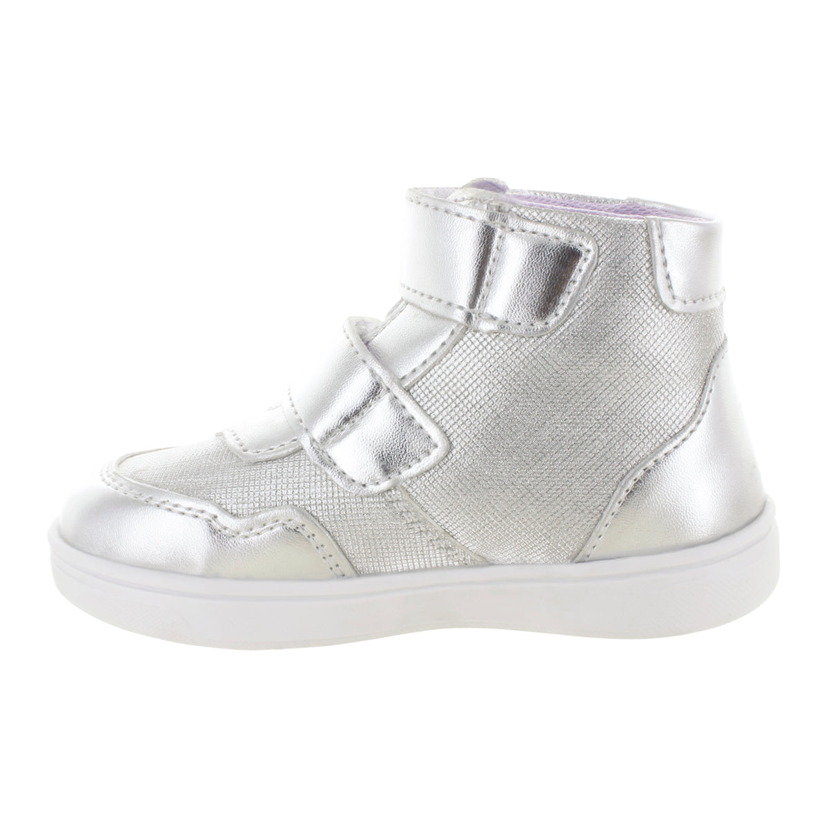 Media bota para niña con mariposas y doble velcro mini burbujas vista lateral.