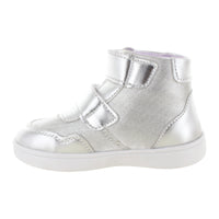 Media bota para niña con mariposas y doble velcro mini burbujas vista lateral.