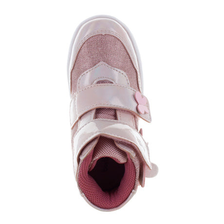 Media bota para niña con mariposas y doble velcro mini burbujas vista frontal.