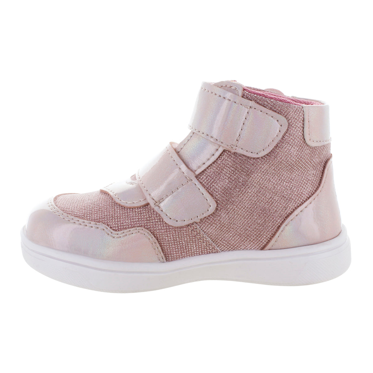 Media bota para niña con mariposas y doble velcro mini burbujas vista lateral.