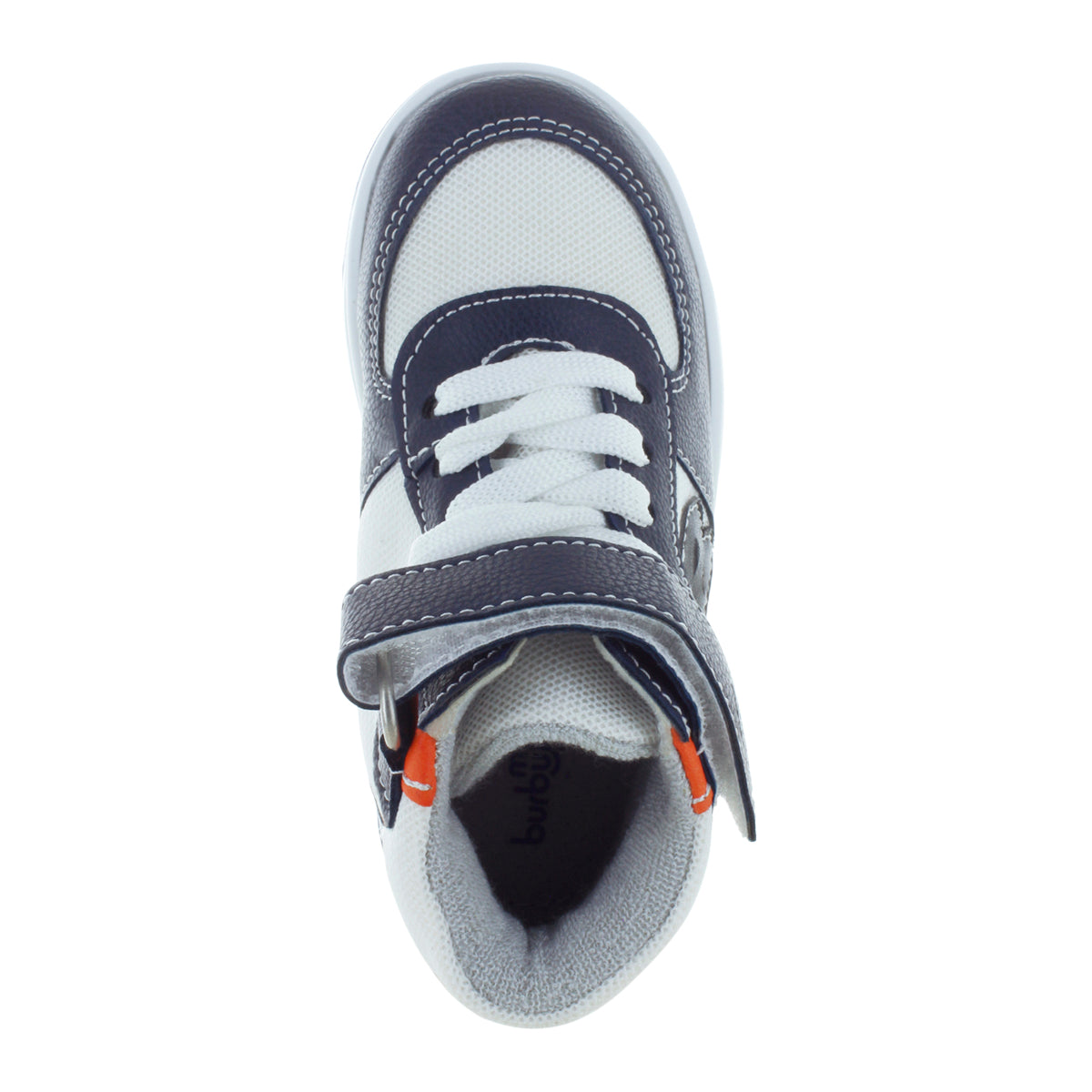 Tenis tipo bota azul marino para niño con velcro y agujetas mini burbujas vista frontal.