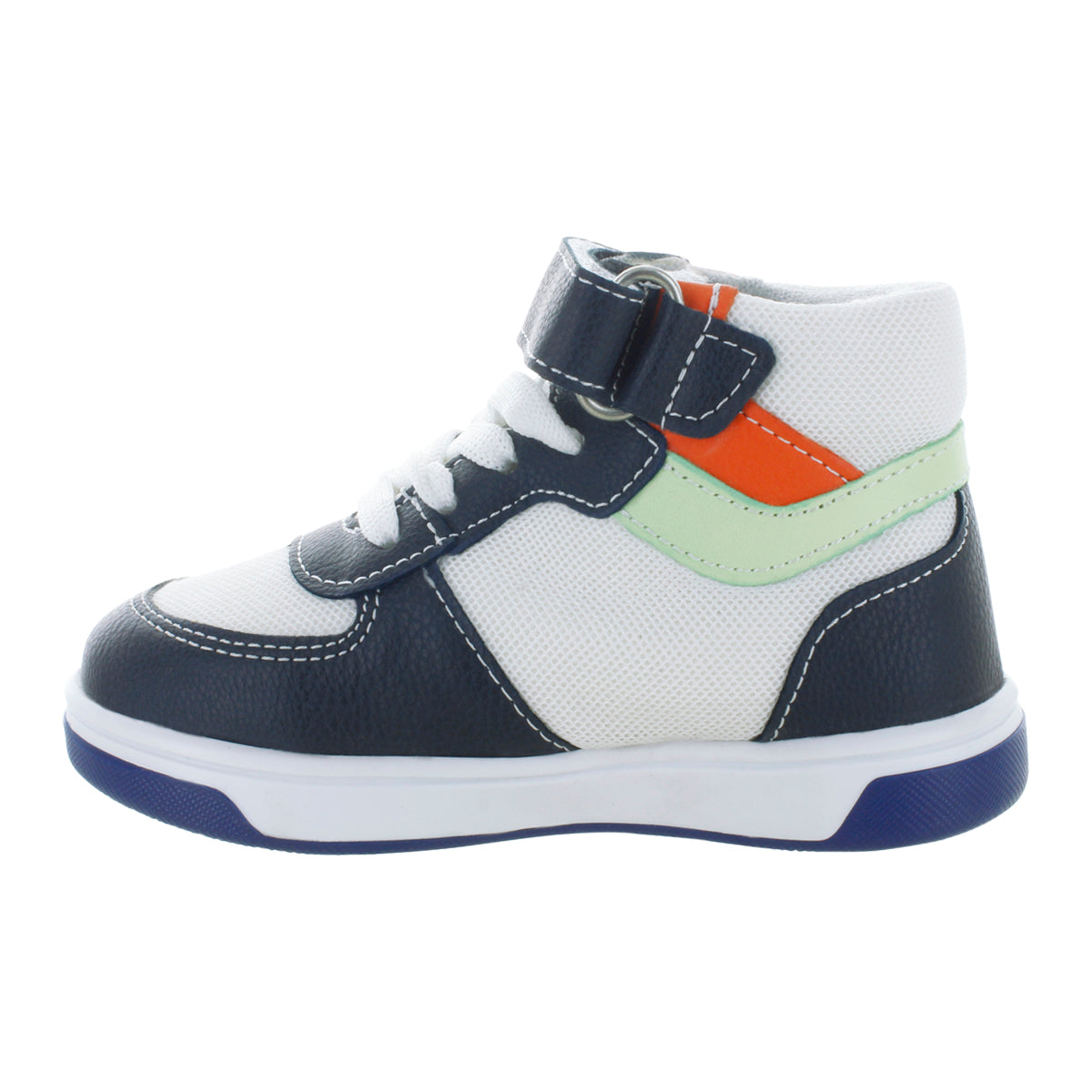 Tenis tipo bota azul marino para niño con velcro y agujetas mini burbujas vista lateral.