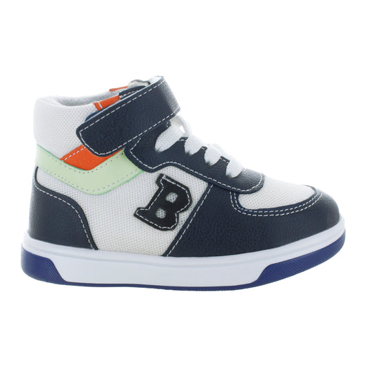 Tenis tipo bota azul marino para niño con velcro y agujetas mini burbujas vista lateral.