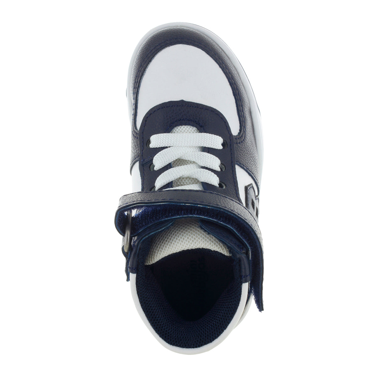 Tenis tipo bota azul marino para niño con velcro y agujetas mini burbujas vista frontal.