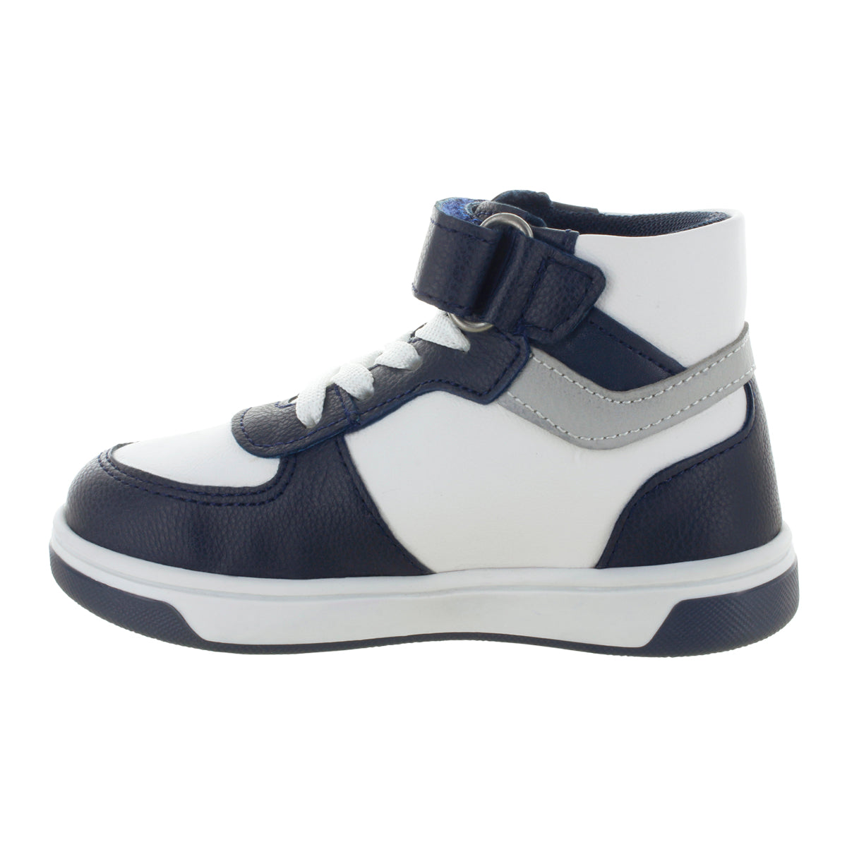 Tenis tipo bota azul marino para niño con velcro y agujetas mini burbujas vista lateral.