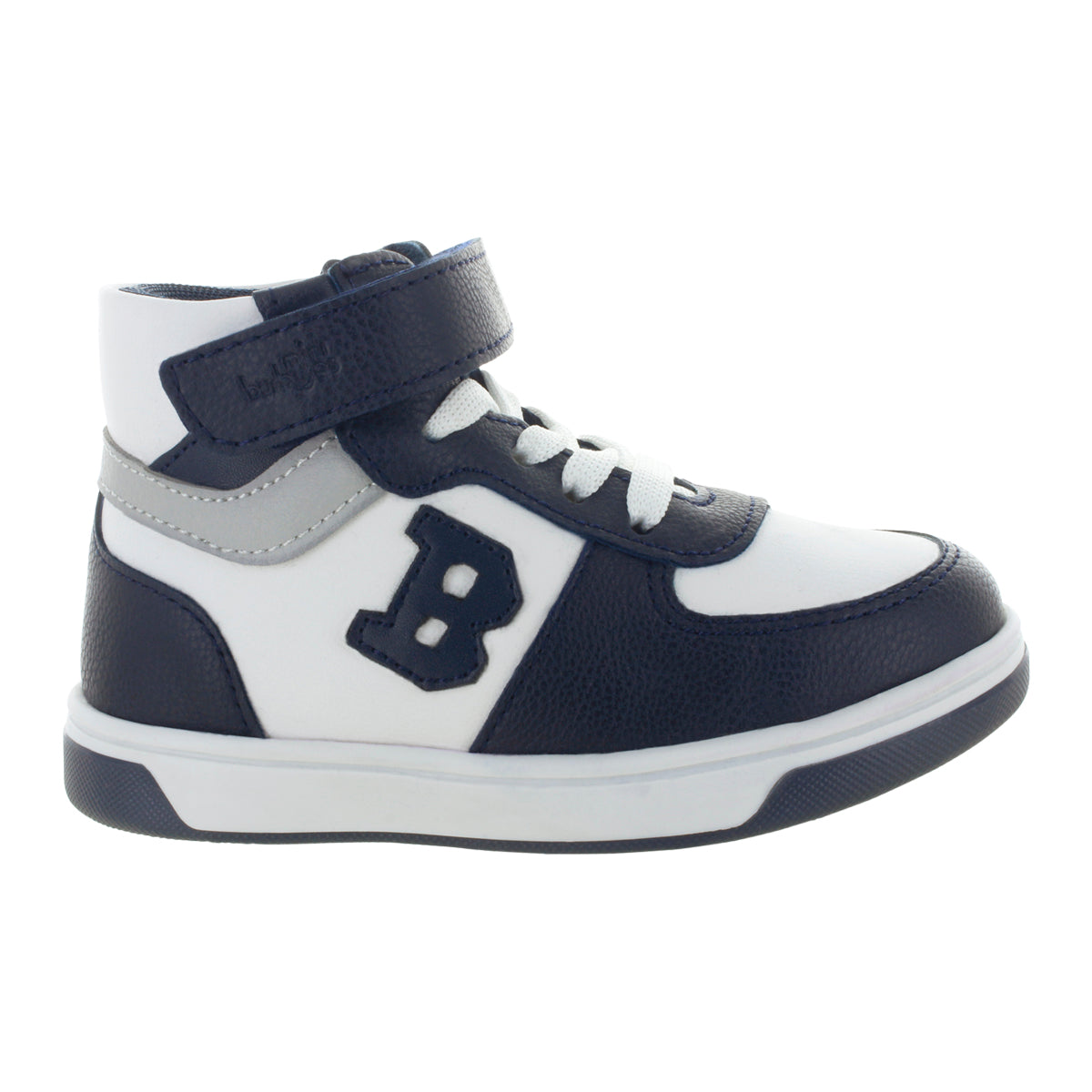 Tenis tipo bota azul marino para niño con velcro y agujetas mini burbujas vista lateral.