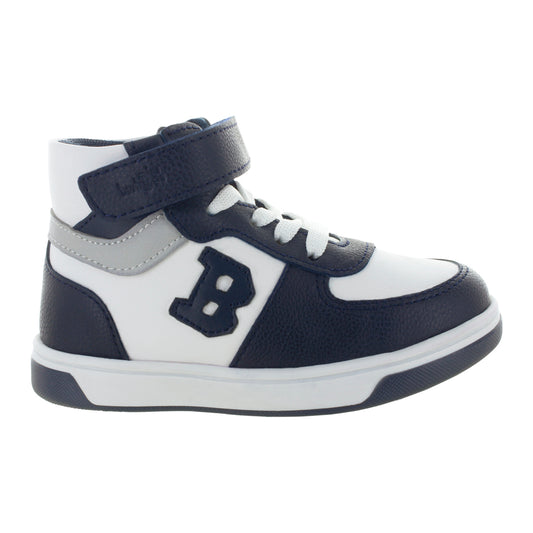 Tenis tipo bota azul marino para niño con velcro y agujetas mini burbujas vista lateral.