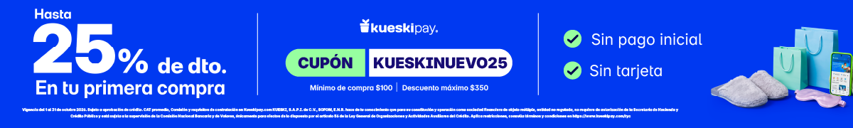 Hasta 25% de descuento con el cupón KUESKINUEVO25, compra mínima de 100 pesos y descuento máximo de 350 pesos